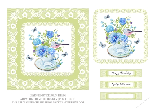 Lovely watercolor floral teacup birthday or get well topper (green)