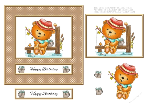 Cute Teddy Bear Fishing - Birthday Topper - Card One