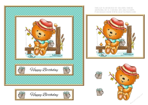 Cute Teddy Bear Fishing - Birthday Topper - Card Three