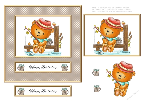 Cute Teddy Bear Fishing - Birthday Topper - Card Four