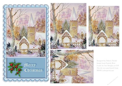 Love Snowy Church Scene Holiday Topper (Blue)