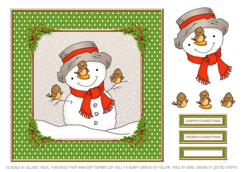 Cute Little Snowman And His Robin Friends (Green)