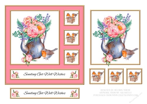 Lovely Robins N Teapot - Get Well Topper (Pink)
