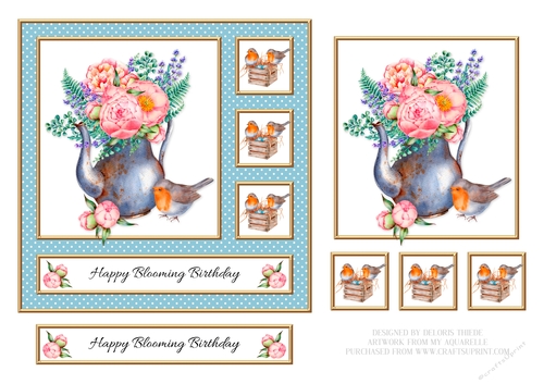 Lovely Robins N Teapot - Birthday Topper (Blue)