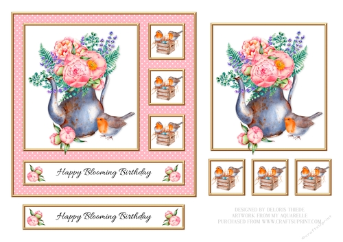 Lovely Robins N Teapot - Birthday Topper (Peach Polkadot)