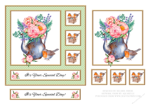 Lovely Robins N Teapot - Its Your Special Day (Green Polkadot)