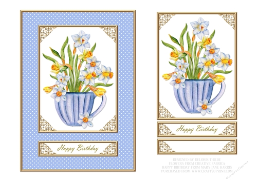 Lovely Spring Flowers In A Teacup Birthday Topper - Blue