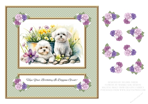 Cute Maltese Puppies Birthday Topper - Green polka dot bg
