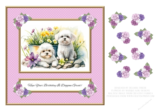 Cute Maltese Puppies Birthday Topper - Pink polka dot bg