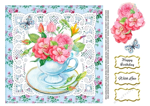 Lovely vintage teacup floral  7 X 7 topper