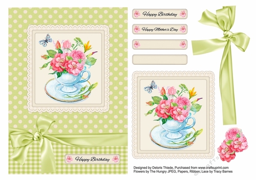 Watercolor Flowers Teacup Card Topper - Birthday/Mothers Day
