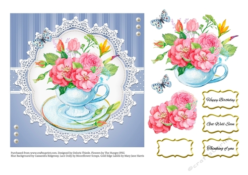 Lovely Watercolor Teacup Flowers Birthday/ Get Well Topper