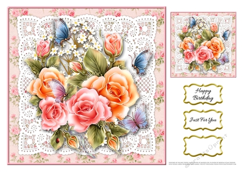 Lovely 7 X 7 Vintage Floral Lace Topper Plus Gift Tag (Pink)