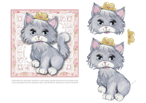 Cute Little Grey Kitty On Pink Vintage Lace Step By Step Topper