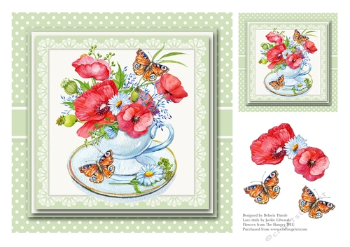 Poppies in a teacup topper plus gift tag (green)