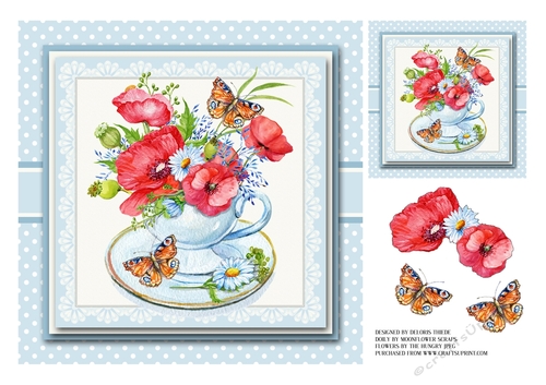 Poppies in a teaccup topper plus gift tag (blue)