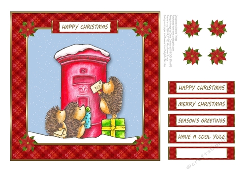 Cute little hedgehogs mailing letters to Santa (red frame)