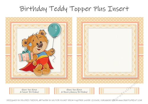 Cute Teddy Bear Birthday Topper Plus Insert