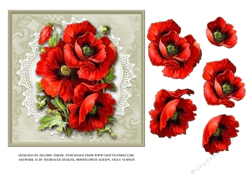 Lovely red poppies on vintage lace doily (green)