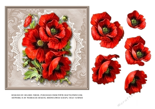 Lovely red poppies on vintage lace doily (light brown)