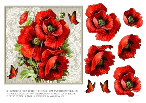 Lovely Red Poppies With Butterflies (green)