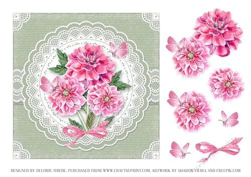 Lovely Watercolor Dahlias/Butterflies On Lace