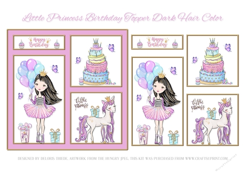 Little princess and unicorn birthday topper (dark hair)