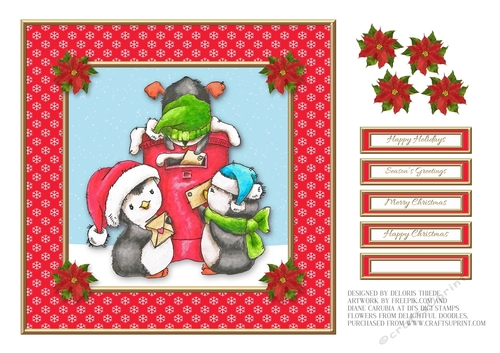 Cute little penguins mailing letters to Santa (red)