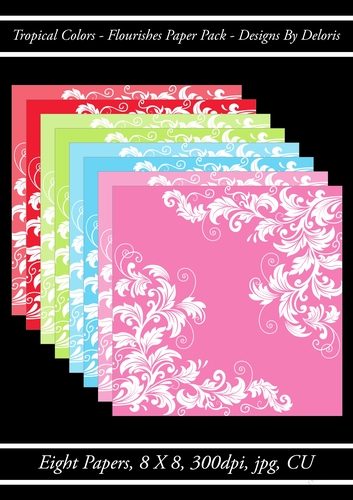Lovely White Flourishes Paper Pack (Tropical Colors Palette)