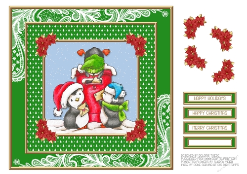 Cute little penguins mailing letters to Santa (green)
