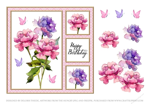 Lovely Watercolor Peonies Birthday Topper (Pink Damask)