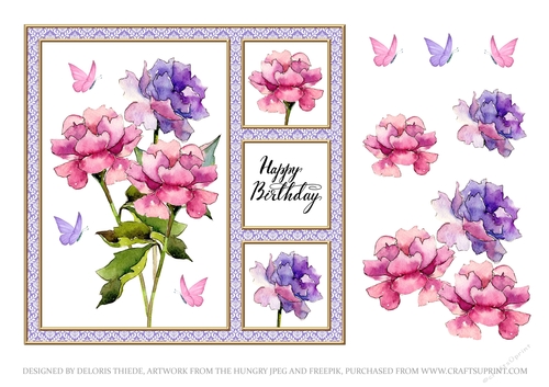Lovely Watercolor Peonies Birthday Topper (Purple Damask)