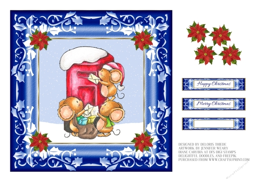 Cute little mice mailing letters to Santa (Blue)