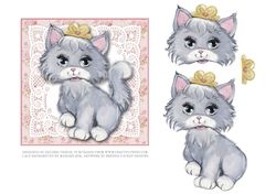 Cute Little Grey Kitty On Pink Vintage Lace Step By Step Topper