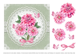 Lovely Watercolor Dahlias/Butterflies On Lace