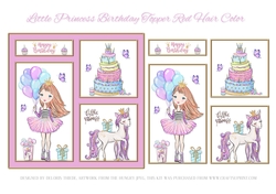 Little princess and unicorn birthday topper (red hair)