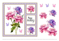 Lovely Watercolor Peonies Birthday Topper (Purple Damask)