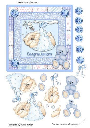300dpi 6x6in Topper & Decoupage - Baby Boy Birth - teddies