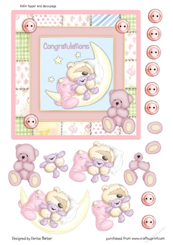 300dpi 6x6in Topper & Decoupage - Baby girl Birth - teddies