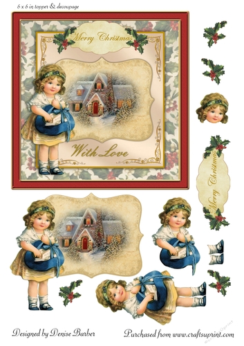 300dpi 6x6in Vintage Christmas Scene - girl deliverying post - Card 1