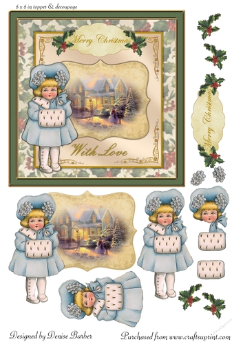 300dpi 6x6in Vintage Christmas Scene - little girl in Blue - Card 2