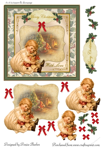 300dpi 6x6in Vintage Christmas Scene - young girl with dolls - Card 3