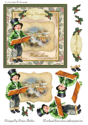 300dpi 6x6in Vintage Christmas Scene - boy singing carols - Card 4