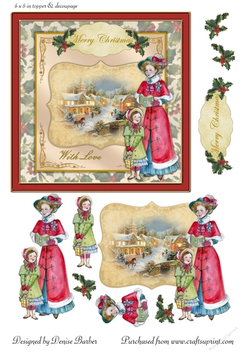 300dpi 6x6in Vintage Christmas Scene - Lady and girl - Card 5