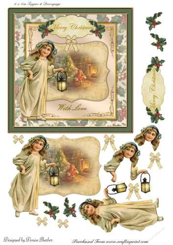 300dpi 6x6in Vintage Christmas Scene - Girl with lamp - card no 7