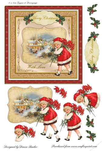 300dpi 6x6in Vintage Christmas Scene - Girl with poinsettias - card no 8