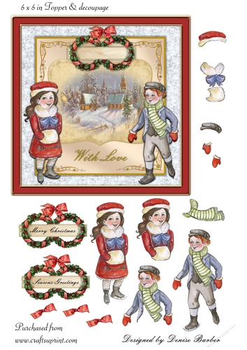 300dpi 6x6in Vintage Christmas Scene - Boy and girl on skates - card no 6