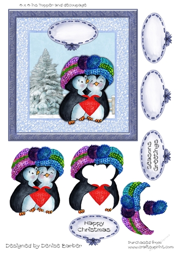 300dpi 6x6ins Christmas Topper and decoupage, penguin