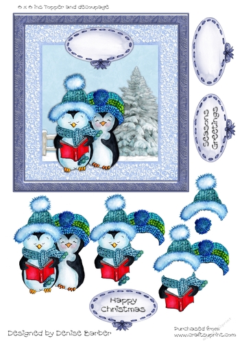300dpi 6x6ins Christmas Topper and decoupage, penguin