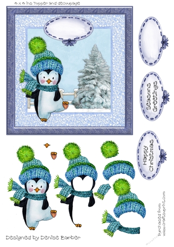 300dpi 6x6ins Christmas Topper and decoupage, penguin